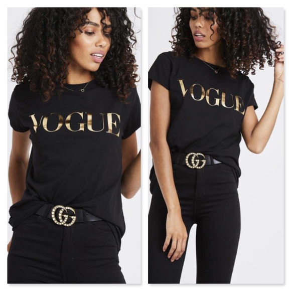 VOGUE Gold Print Black Tee Shirt Crew Neck - Picture 4 of 8